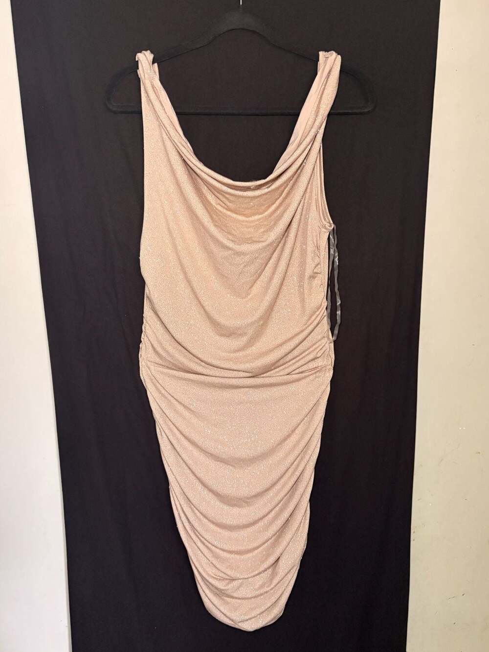 3rd + Malt Champagne Shimmer Cowl Neck Ruched Midi Dress | Bodycon | Size L